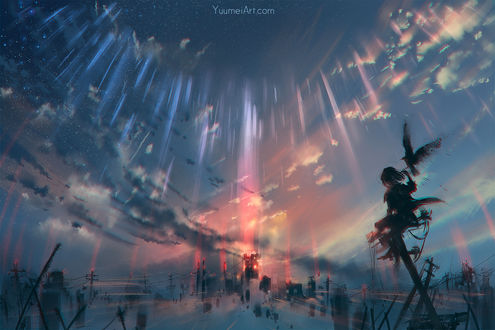 Обои на рабочий стол Мальчик с вороном на руке сидит на столбе, автор Yuumei_Art