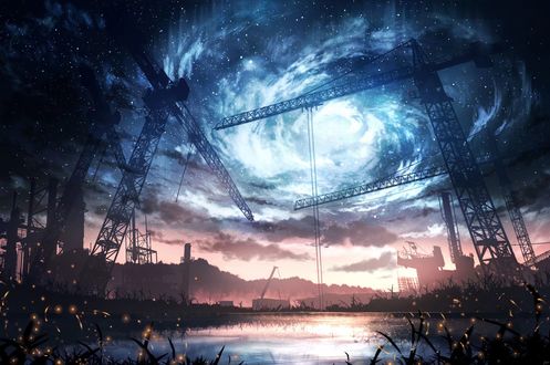 Обои на рабочий стол Башенные краны на берегу озера, by JW