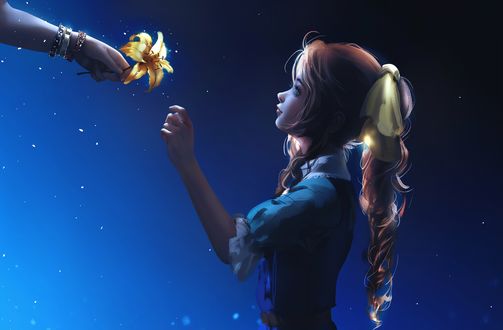 Обои на рабочий стол Айрис Гейнсборо - персонаж компьютерной ролевой игры «Final Fantasy VII» держит руку у цветка-лилии, который ей подают, автор N I X E U