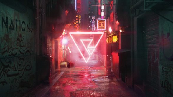 Обои на рабочий стол Ночная улица освещенная неоновым светом, Киберпанк Backalley, by BoldCat