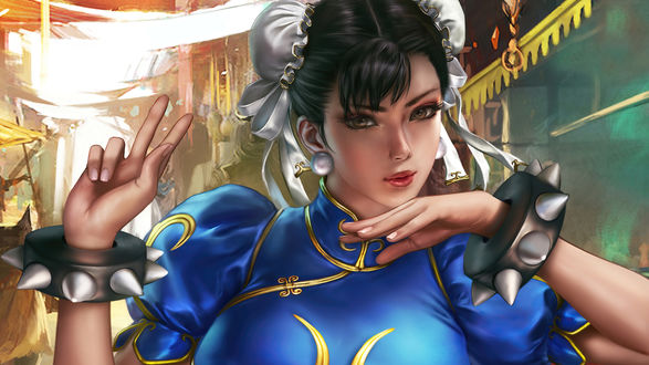 Обои на рабочий стол Девушка Сhun Li / Чун-Ли из игры Street Fighter / Уличный Боец в голубом платье, by Logan Cure