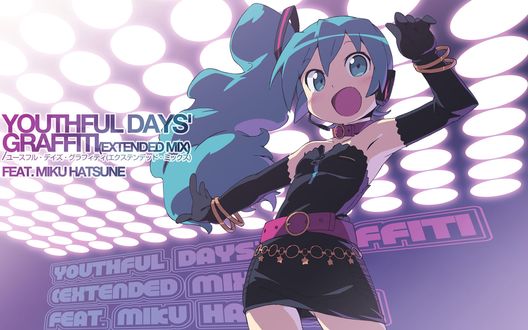 Обои на рабочий стол Vocaloid Hatsune Miku / Вокалоид Хатсунэ Мику в черном платье и перчатках