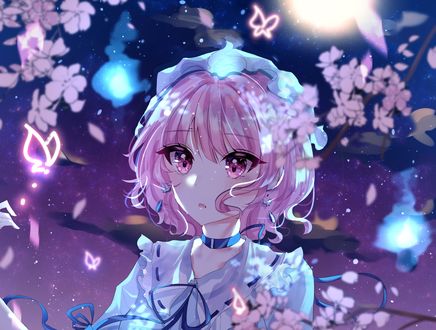 Обои на рабочий стол Yuyuko Saigyouji / Ююко Сайгеджи на фоне цветущей сакуры из игры Touhou Project / Проект Восток