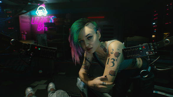 Обои на рабочий стол Девушка киборг из игры Киберпанк 2077 / Cyberpunk 2077