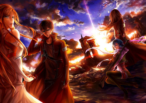 Обои на рабочий стол Shino Asada / Сино Асада, Kirigaya Kazuto, Kirito, Asuno Yuuki, Sinon из аниме Sword Art Online / Мастера Меча Онлайн, by yuuike