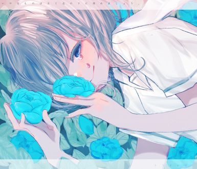 Обои на рабочий стол Девочка с голубыми цветами, by Kitazawa Yuri