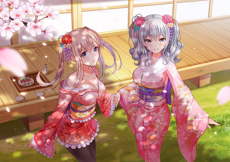 Обои на рабочий стол Itt Challenger и Graf Zeppelin в кимоно из игры Kantai Collection: KanColle / Флотская коллекция