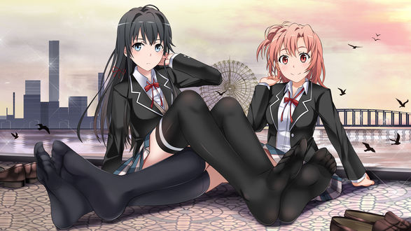 Обои на рабочий стол Yukino Yukinoshita / Юкино Юкиношита, Yui Yuigahama / Юи Юигахама из аниме Yahari Ore no Seishun Love Comedy wa Machigatteiru / Розовая Пора Моей Школьной Жизни Сплошной Обман, by EdogawaKid