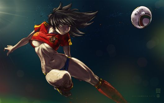 Обои на рабочий стол Девушка футболист в футболке сборной Испании la Furia Roja, by Davidardila