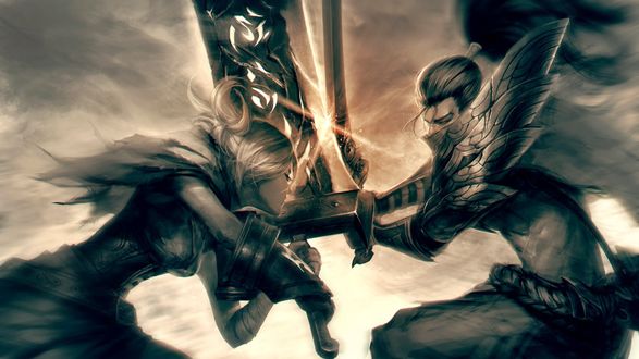 Обои на рабочий стол Yasuo vs Riven / Ясуо против Ривэн, арт к игре League of Legends / Лига Легенд