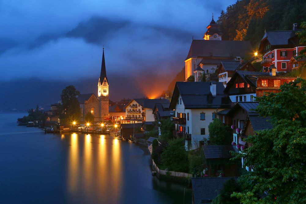 Обои для рабочего стола Hallstatt, Austria / Гальштат, Австрия в ночное время