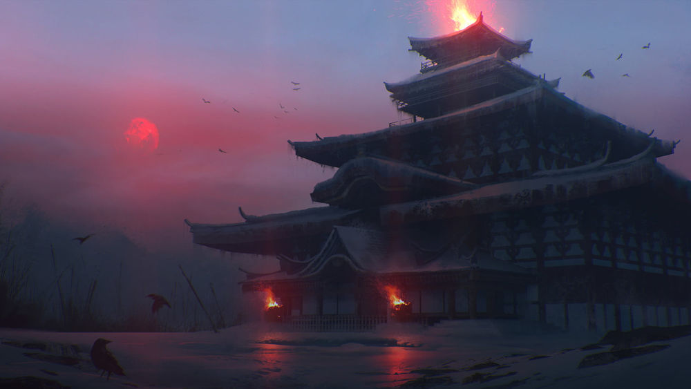 Обои для рабочего стола Храм в Японии, зимой на фоне красного солнца, by Quentin Bouilloud
