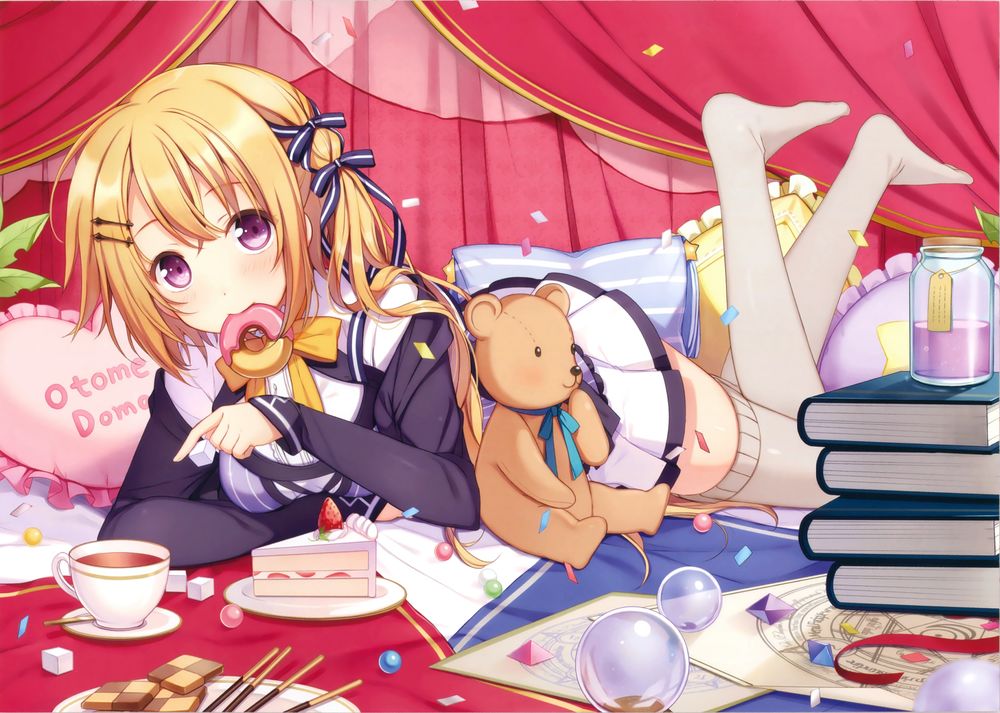 Обои для рабочего стола Hinata Otome лежит на кровати среди сладостей, книг и игрушек, из visual novel Otome Domain, by 6U
