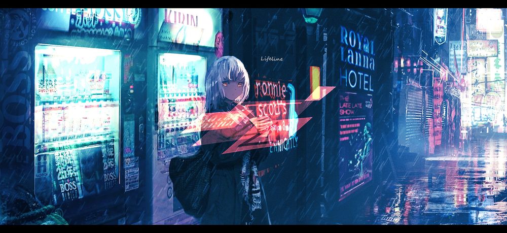 Обои для рабочего стола Девушка стоит у автоматов с напитками на вечерней улице города во время дождя, by Lifeline