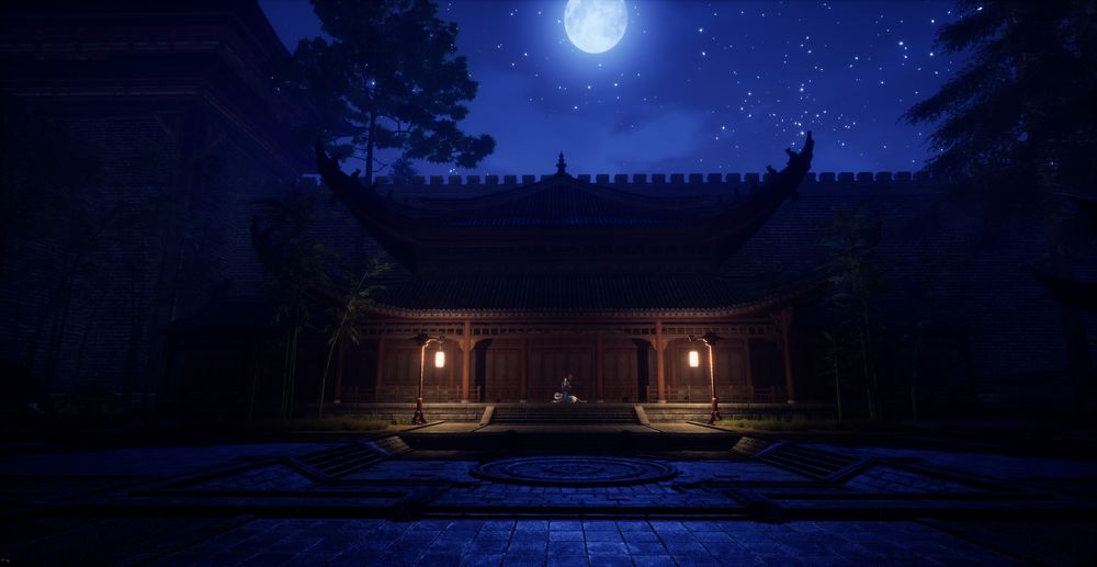 Обои для рабочего стола Японский храм ночью при полной Луне из игры MMORPG Perfect World / Идеальный мир, by Pw-Ue4