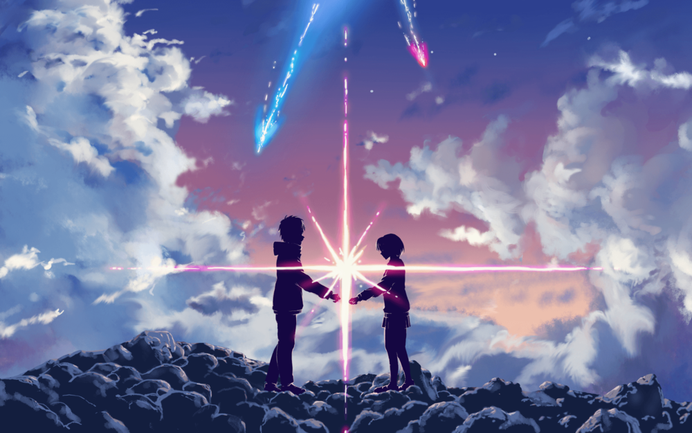 Обои для рабочего стола Таки Тачибана / Taki Tachibana и Мицуха Миямизу / Mitsuha Miyamizu из аниме Твое имя / Kimi no Na wa