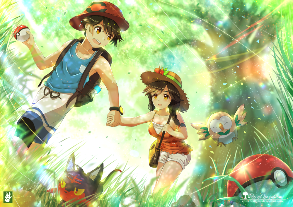 Обои для рабочего стола Девушка Селена и парень Элио в лесу, Pokemon Sun and Moon, by chinchongcha