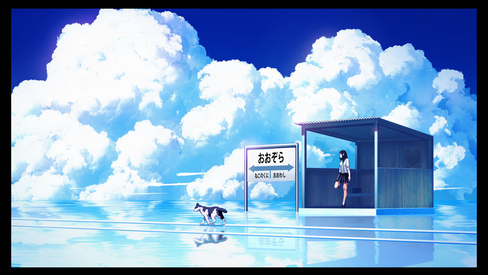 Обои для рабочего стола Девочка стоит на остановке под облачным небом и мимо нее идет собака, by haikeisan_0001