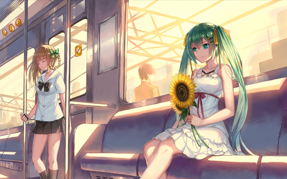 Обои для рабочего стола Девочки в вагоне, одна стоит, другая Vocaloid Hatsune Miku / Вокалоид Хатсунэ Мику с цветком в руке сидит, by MusyneXSK