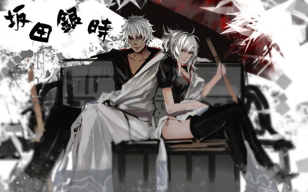 Обои для рабочего стола Sakata Gintoki / Саката Гинтоки, Kagura / Кагура и Shimura Shinpachi / Шимура Шинпачи из аниме-сериала Gintama / Гинтама