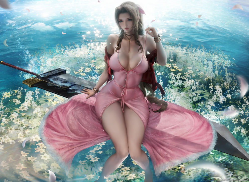 Обои для рабочего стола Aerith Gainsborough / Айрис Гейнсборо сидит на огромном мече над поверхностью воды, персонаж компьютерной ролевой игры Final Fantasy VII Remake / Последняя фантазия 7, art by Sakimichan