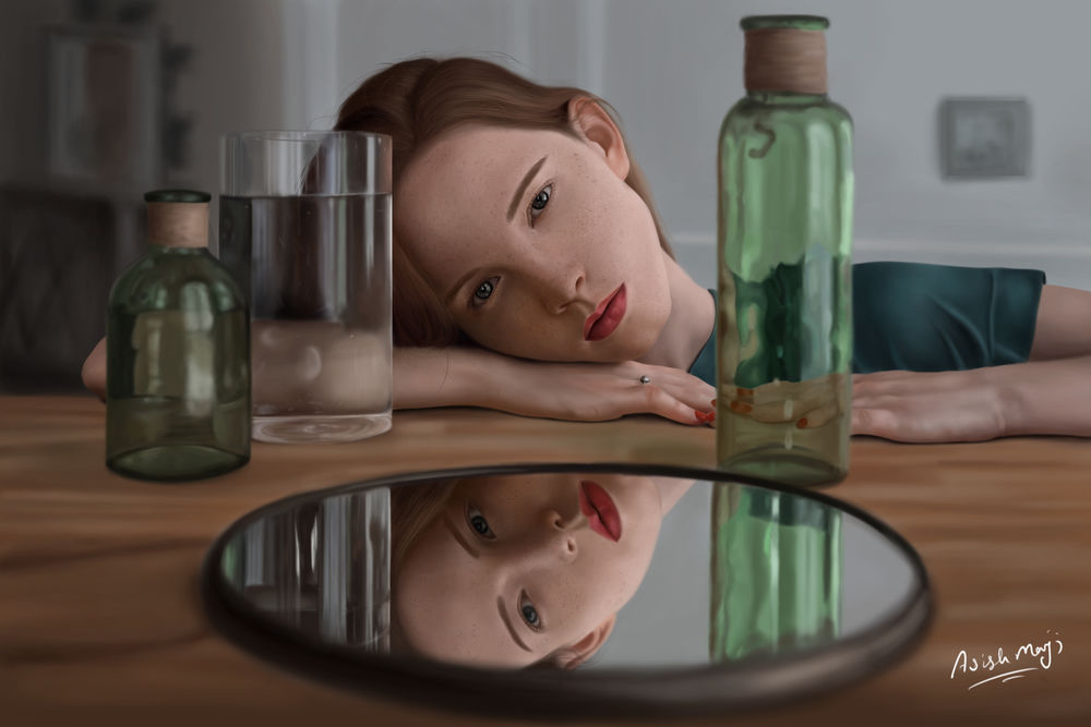 Обои для рабочего стола Девушка сидит за столом, на котором лежит зеркало и стоят стакан и бутылка