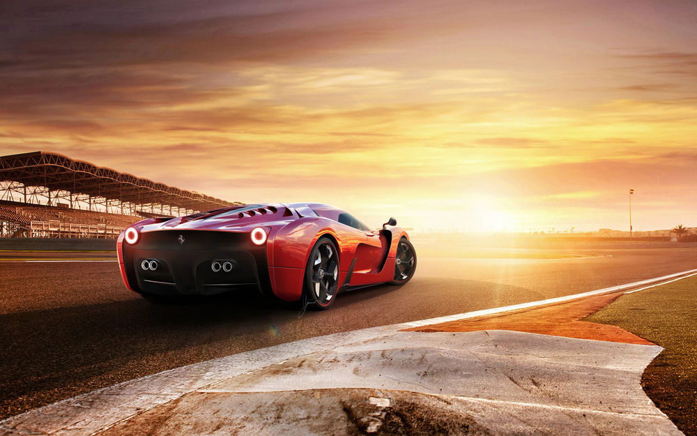 Обои для рабочего стола Автомобиль Ferrari Project F Concept 2014 стоит на гоночном треке на фоне заката