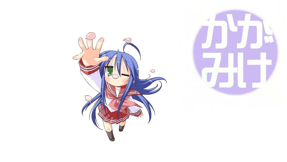 Обои для рабочего стола Konata Izumi / Коната Идзуми пытается поймать лепесток сакуры из аниме Lucky Star / Лаки Стар / Счастливая Звезда