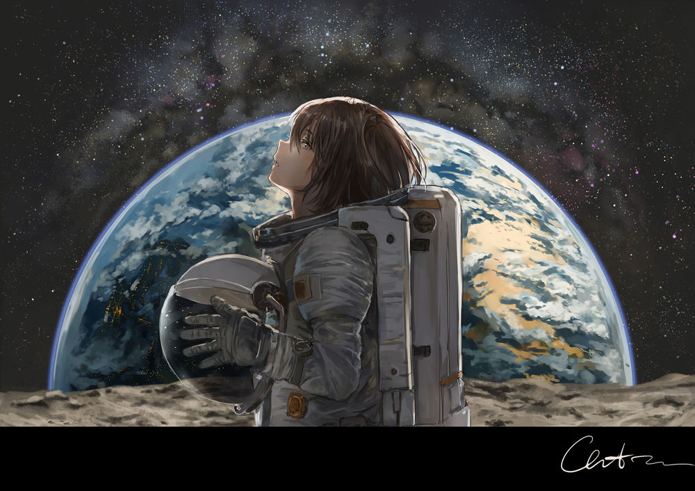 Обои для рабочего стола Девочка - космонавт стоит на фоне планеты, by Fan Zhen