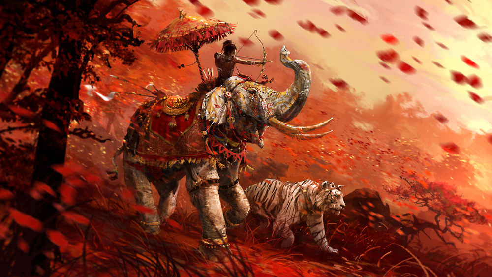 Обои для рабочего стола Белый тигр и воин на слоне мчатся по полю, из игры Far Cry 4 / Крик из дали 4, by lucidzeus47