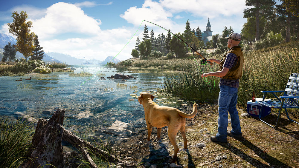 Обои для рабочего стола Мужчина с собакой на рыбалке, персонажи из игры Far Cry 5