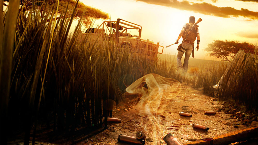 Обои для рабочего стола Видеоигра Far Cry 2, дымящие гильзы и следы крови в траве
