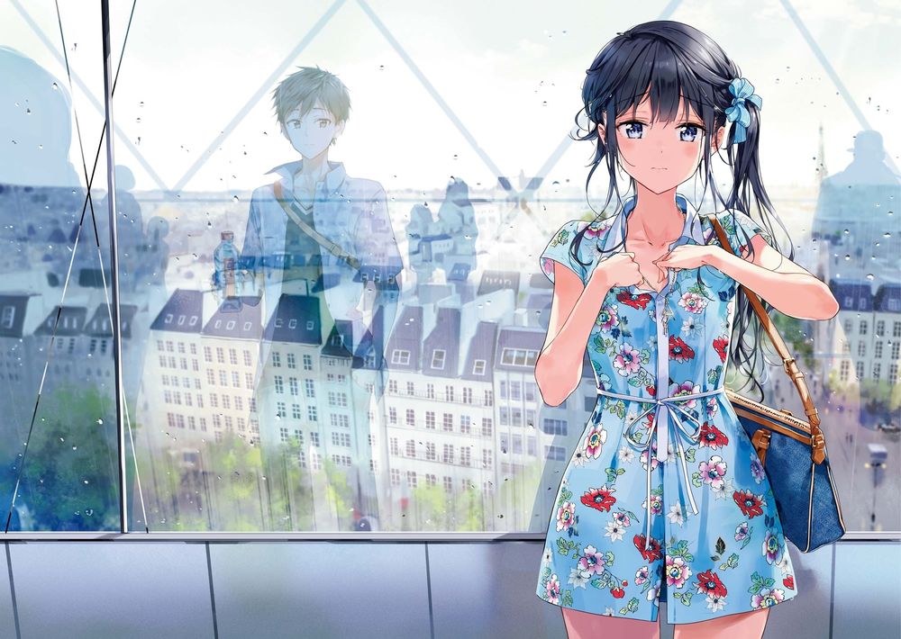 Обои для рабочего стола Персонаж Aki Adagaki / Аки Адагаки с сумочкой на руке и Масамунэ Макабэ за окном. Аниме Месть Масамунэ