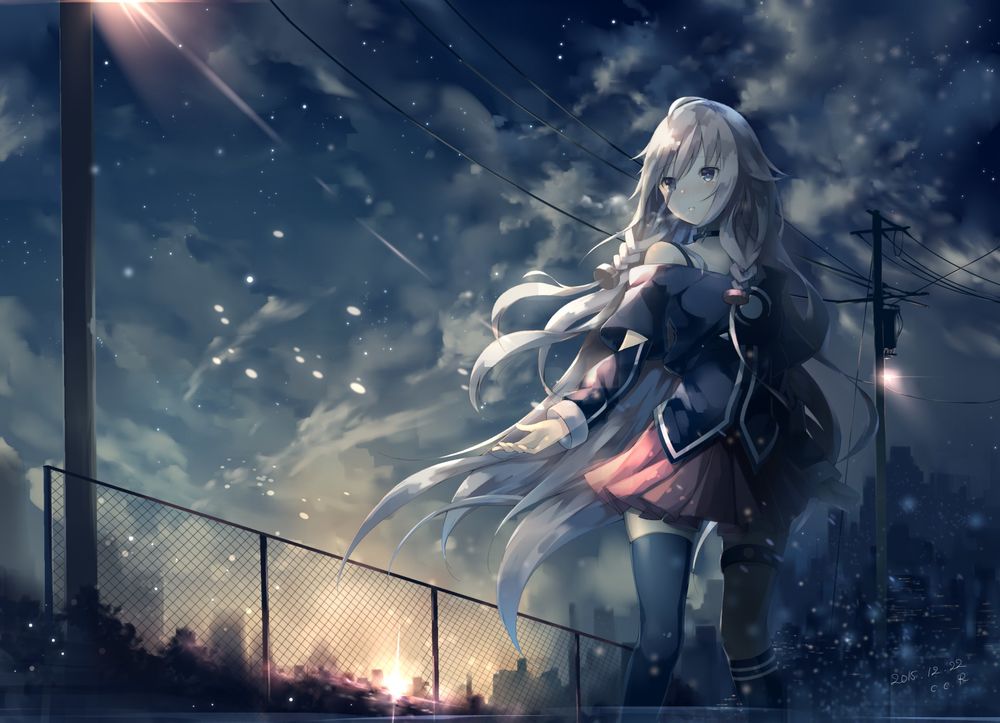 Обои для рабочего стола Vocaloid IA / Вокалоид Йа у забора на фоне города в закате Солнца