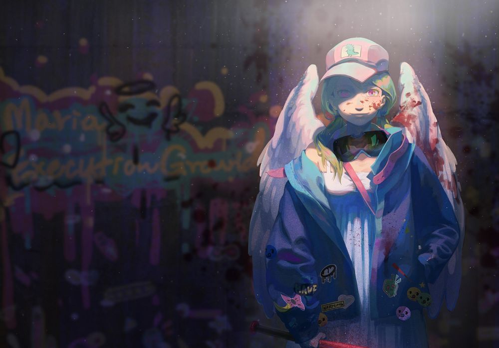 Обои для рабочего стола Девушка-ангел в окровавленной одежде с битой в руке стоит спиной к стене с граффити