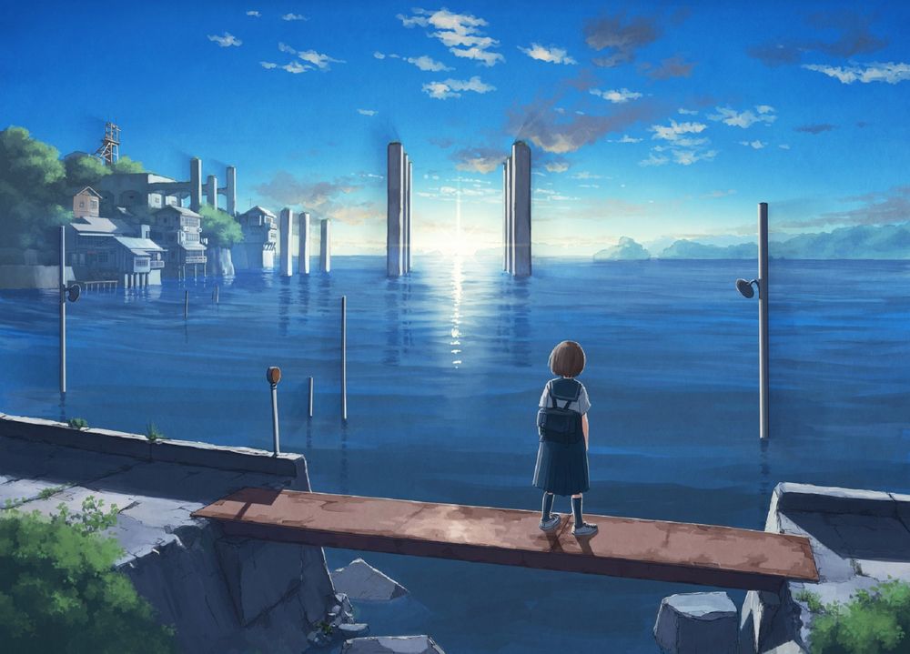 Обои для рабочего стола Девочка стоит на мостике над водой, встречая рассвет