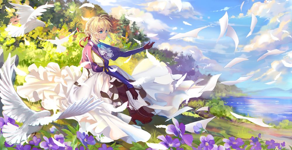 Обои для рабочего стола Violet Evergarden / Вайолет Эвергарден сидит на пригорке у реки в окружении фиалок, белых голубей и листков бумаги из аниме Violet Evergarden / Вайолет Эвергарден