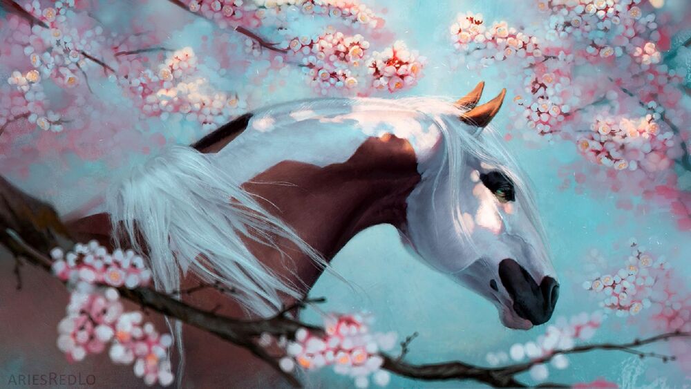 Обои для рабочего стола Лошадь среди цветущих весенних веток, автор AriesRedLo