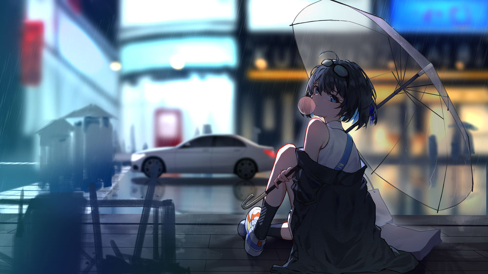 Обои для рабочего стола Девочка дождливой ночью сидит на улице под зонтом, игра Honkai Impact