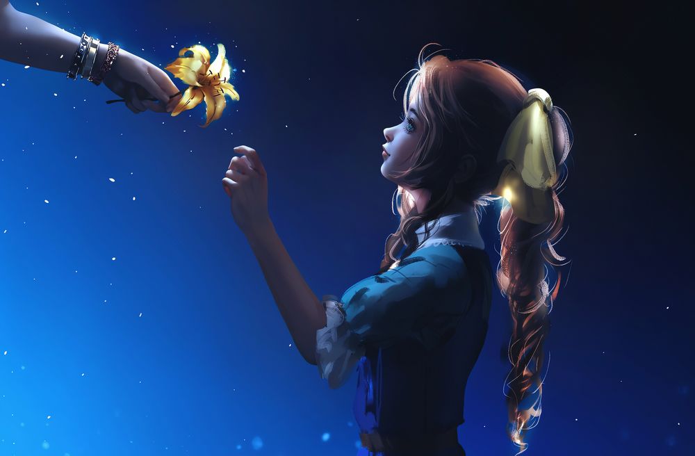 Обои для рабочего стола Айрис Гейнсборо - персонаж компьютерной ролевой игры «Final Fantasy VII» держит руку у цветка-лилии, который ей подают, автор N I X E U
