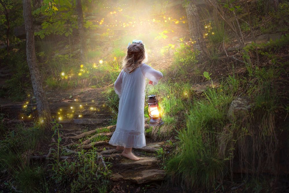 Обои для рабочего стола Девочка с фонарем в руке стоит в лесу, by Jessica Drossin