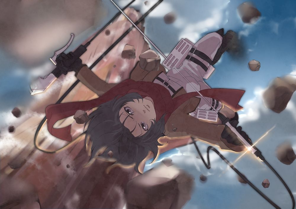 Обои для рабочего стола Mikasa Ackerman / Микаса Аккерман во время атаки из аниме Атака Титана / Attack on Titan / Shingeki no Kyojin
