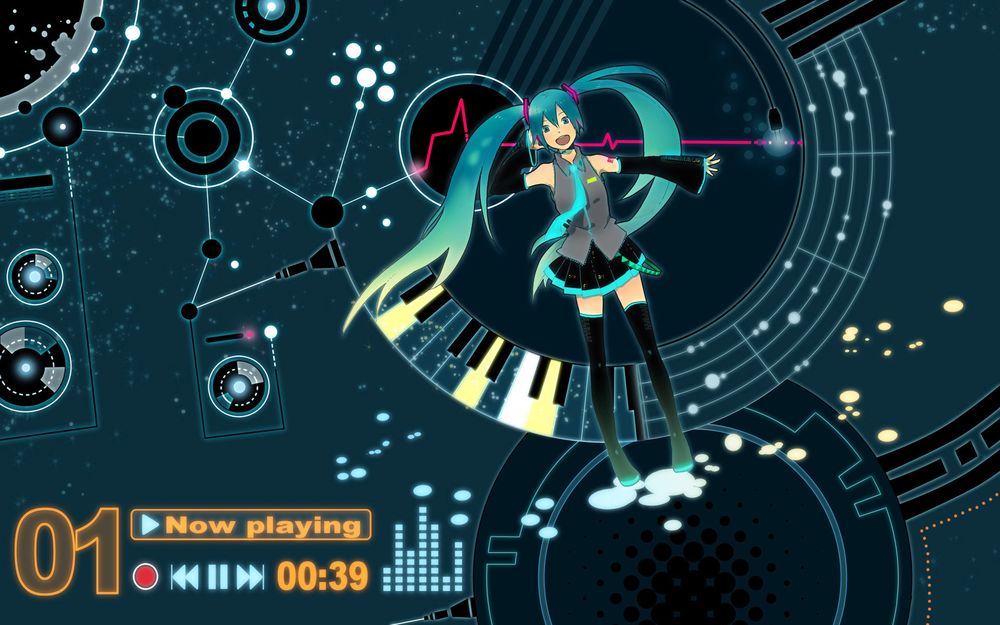 Обои для рабочего стола Vocaloid Hatsune Miku / вокалоид Хатсунэ Мику на графическом фоне, now playing