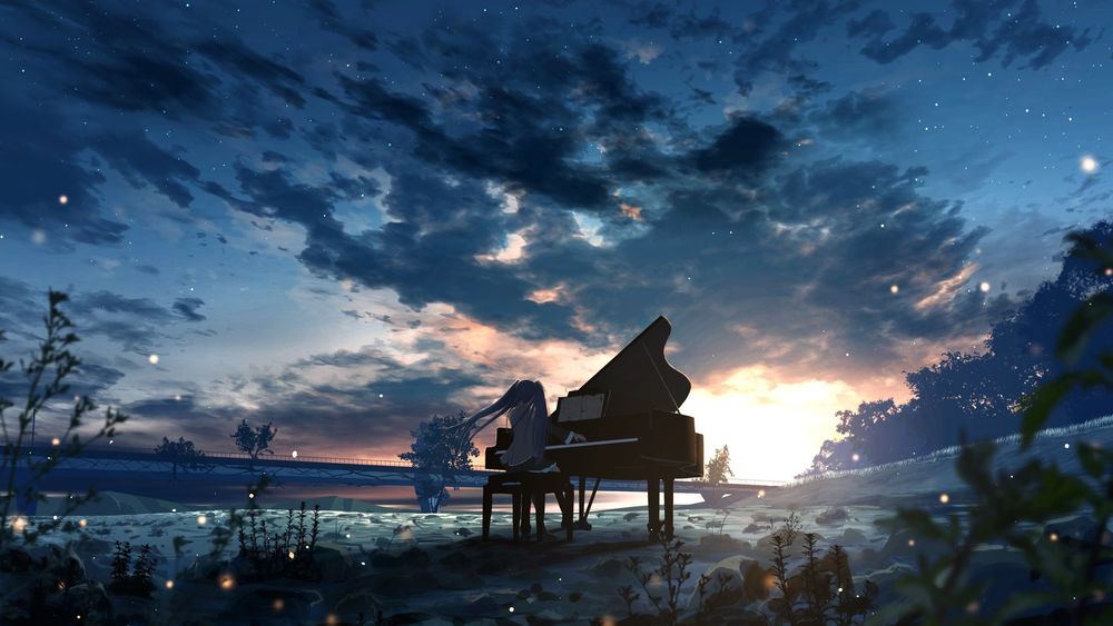 Обои для рабочего стола Девочка играет на рояле на фоне облачного неба, by A_D_suger77