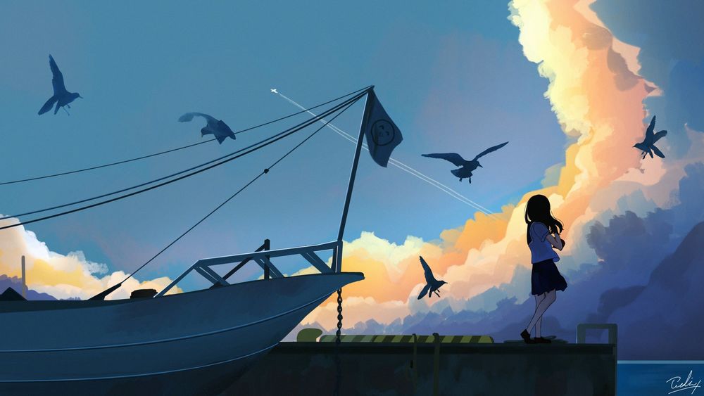 Обои для рабочего стола Девочка стоит на фоне облачного неба и птиц, летающих вокруг нее