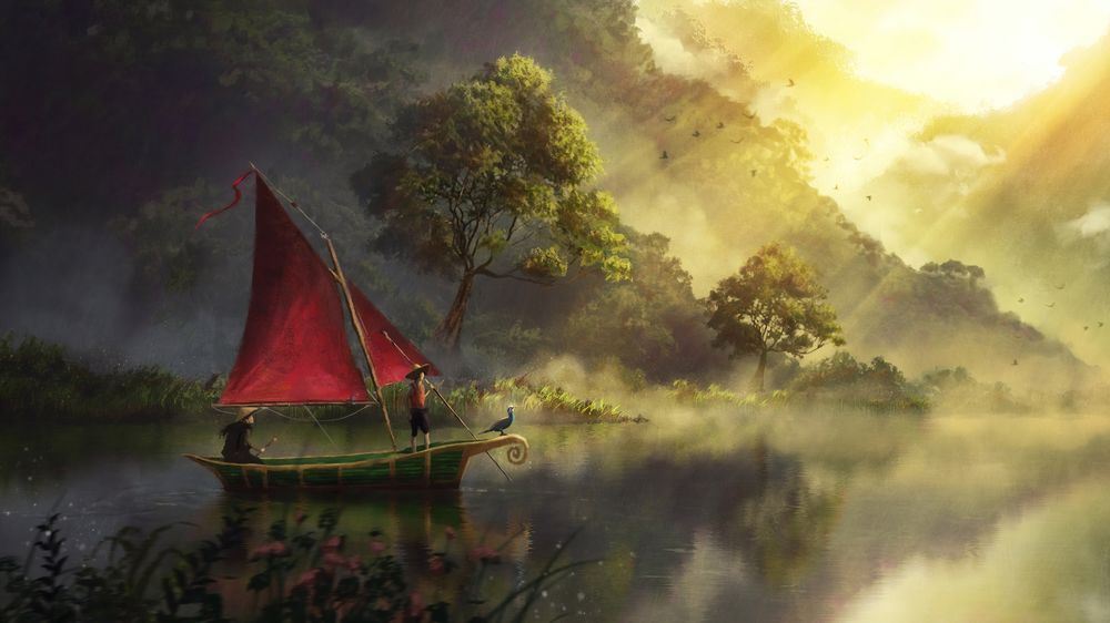 Обои для рабочего стола Лодка с красным парусом плывет по речке на рассвете солнца, автор Shusei Sasaya