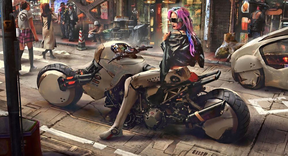 Обои для рабочего стола Девушка киборг на мотоцикле / арт киберпанк, автор Eddie Mendoza