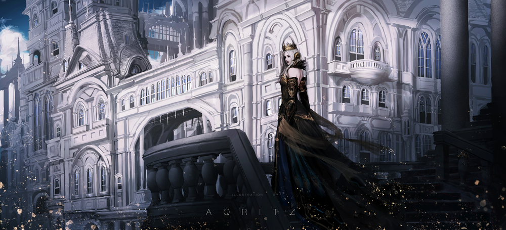 Обои для рабочего стола Девушка - королева стоит на ступеньках, by AQRITZ