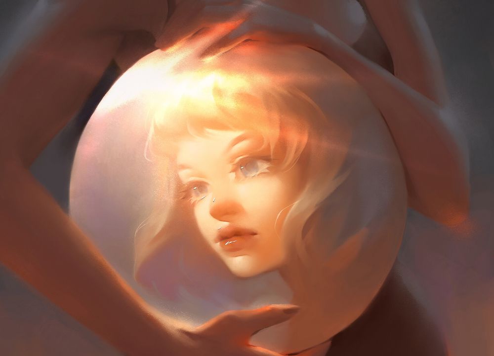 Обои для рабочего стола Девушка держит шар с портретом девушки, by Natalie Stan