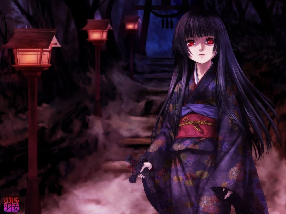 Обои для рабочего стола Jigoku Shuojo (Enma Ai) в кимоно стоит смотрит вперед держа в руках куклу-вуду на фоне ночных фонарей из аниме Адская девочка / Hell Girl